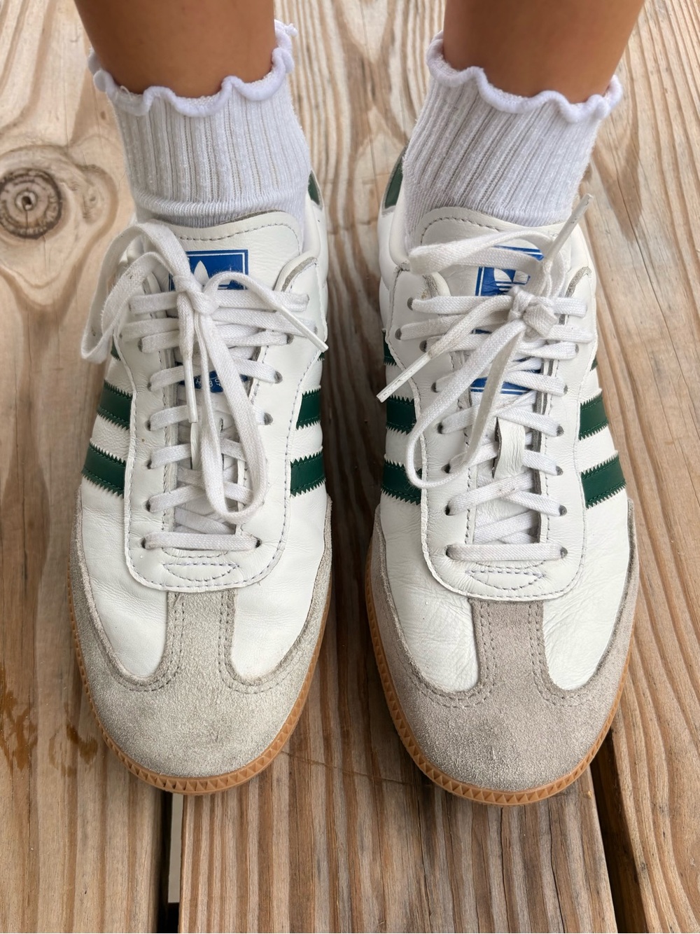 White Leather Adidas Sambas with Green Stripes - Picture 2 of 7
